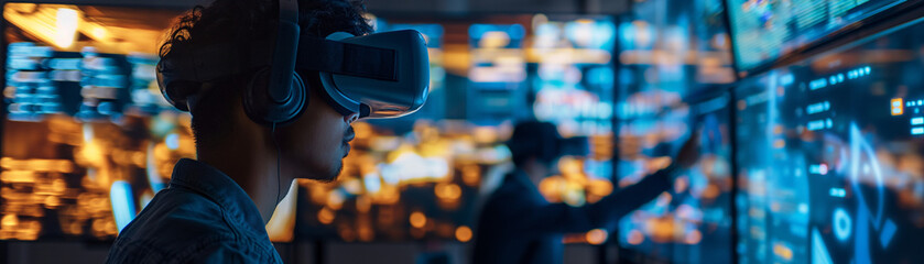 Fototapeta premium Person using a VR headset in a high-tech control room with digital screens showcasing data and graphics.