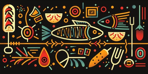 illustrated geometric pattern of a campfire with chilis and fish