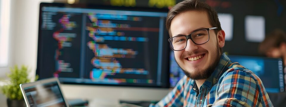 Smiling Young DevOps Engineer Working on Colorful Digital Background