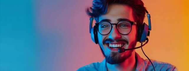 Smiling Young Help Desk Worker Wearing Headset and Glasses