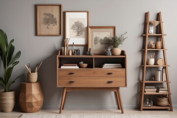 artist workspace interior with stylish teak commode, wooden easel, bookcase, decoration