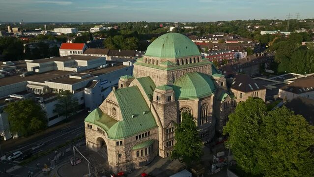 Aerial drone view of Alte Synagoge in Essen , Germany . The Old Synagogue in Essen is one of the largest, best preserved and architecturally most impressive testimonies to Jewish culture 