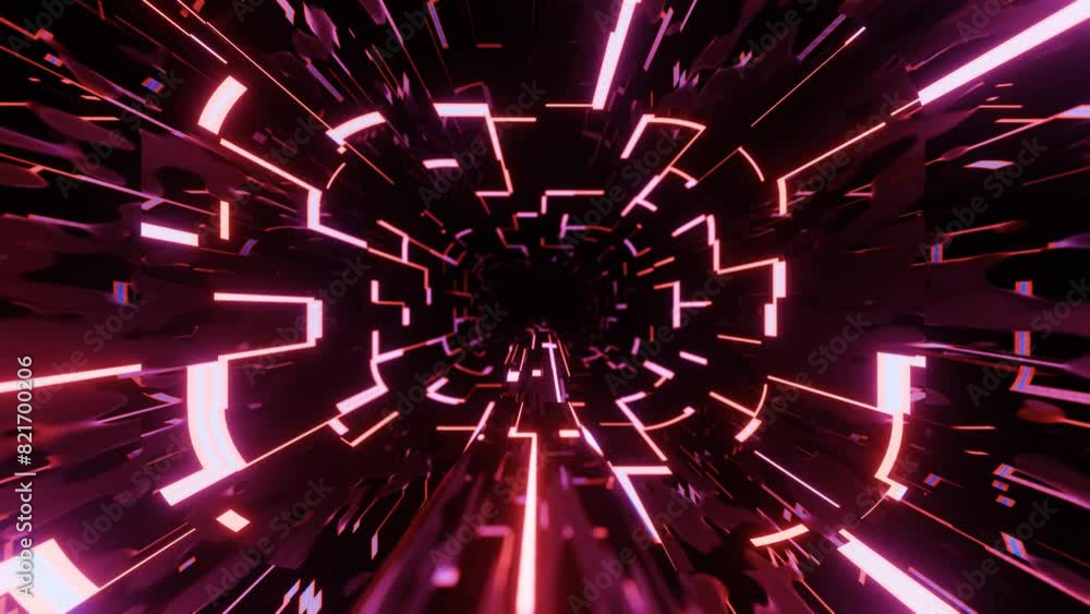 Poster 4k seamless looped animation. fly through mirror tunnel with neon pattern, glow lines form sci fi pa