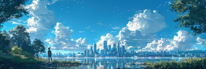 city skyline in the background, at daylight, in the anime style.
