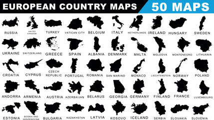 European country map silhouettes, high quality  map vector set. Ideal for educational materials, design projects, travel guides, and infographics