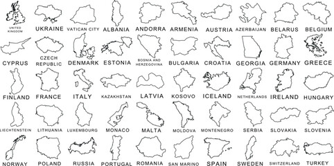 Europe map outline, educational, geography, visual aid. Detailed countries  black line drawings labeled with country names