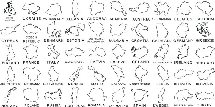 Europe map outline, educational, geography, visual aid. Detailed countries  black line drawings labeled with country names