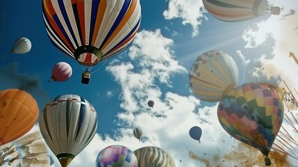 Fototapeta premium A sky full of colorful hot air balloons soaring against a clear blue backdrop with fluffy clouds