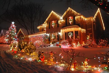 A Christmas light display in the front yard of a home on the drive of lights tour.