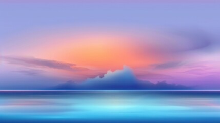   Sunset painting over water with a distant mountain and cloudy sky