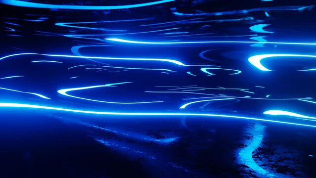 Warped surface with blue glow pattern. Fly through mirror tunnel with neon pattern, glow lines form sci fi pattern. Bright reflection neon light. Simple bg, sci fi structure. 4k looped animation.