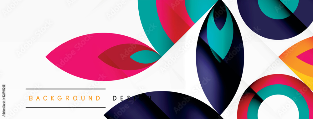 Poster On a white background, there is a vibrant pattern of circles and leaves, creating a colorful and dynamic composition