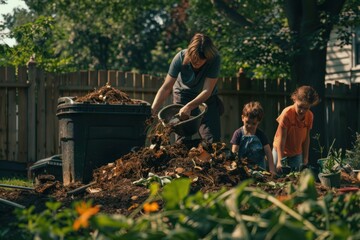 A family composting in their backyard, featuring a woman and two children working with a compost bin and garden soil. The people depicted are white.