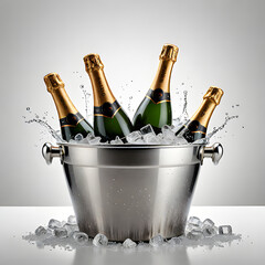 Frozen rose flowers in ice cubes and champagne bottle in bucket on light background
