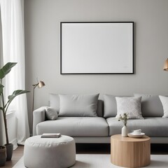 A minimalist living room with a white sofa, a wooden coffee table, and a large framed blank wall art. 3D Rendering