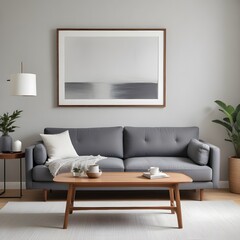A minimalist living room with a white sofa, a wooden coffee table, and a large framed blank wall art. 3D Rendering