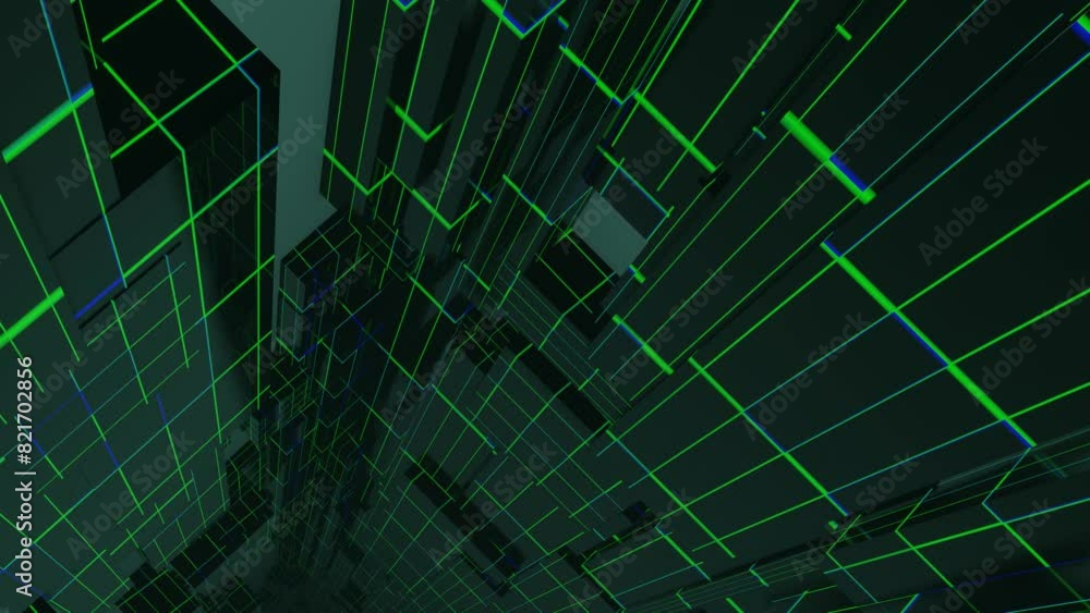 Poster 4k seamless looped animation. fly through tunnel with light cubes or boxes, glow blocks form sci fi 