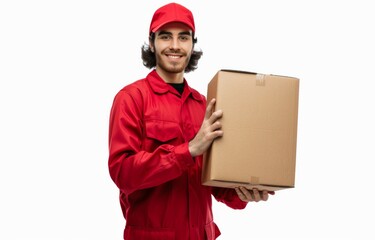 Order delivery, online shopping and package shipping concept. Friendly smiling courier in red uniform cap and t-shirt, handing out packages for customers. Employee bring parcel box, grey background