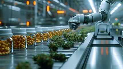 Obraz premium 29 Robotic arm dispensing medical cannabis pills in a hightech lab, Futuristic, 3D Render