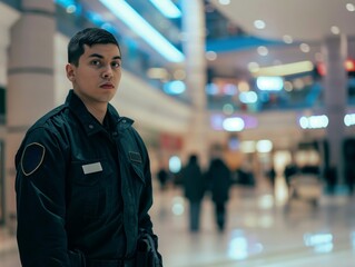 Young male security officer standing alert at a busy mall, portraying vigilance and safety