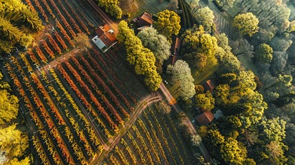 Fototapeta premium An aerial shot of a farm with lush fields, scattered trees, and a cozy house nestled at its heart