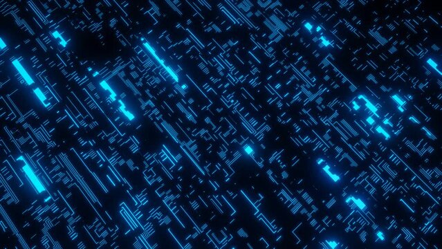 4k looped animation. Hi tech pattern on plane surface, neon glow, complex elements and structure. 3d objects form sci fi composition on surface 3d pattern. Information technology, futuristic hardware