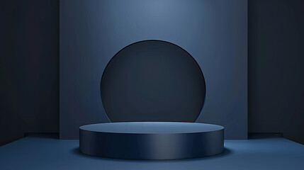 Minimalist stage design, a dark blue background with a circular podium in the center. Created with Ai