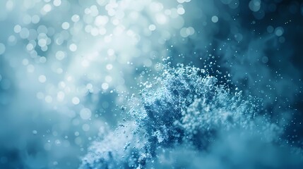 A cluster of particles in an abstract background, with a haze effect and a cyan color grade, isolated on solid white background