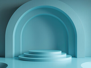 3D rendering of a blue podium with a white arch and spheres in the background. Crated with AI