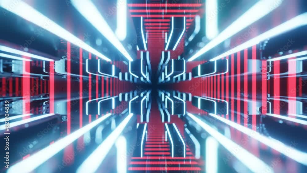 Poster fly through mirror designs form tunnel technology cyberspace with neon glow. sci-fi flight through d