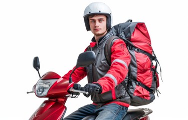 Courier Career. Happy Delivery Man With Backpack Riding Moto Scooter Posing Smiling To Camera