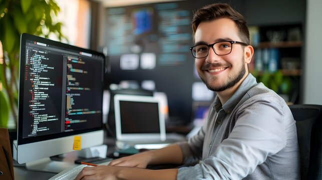 Smiling Young Software Engineer Coding at Desk in Modern Office