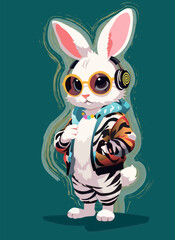 Cute bunny with headphones on the teal beackground