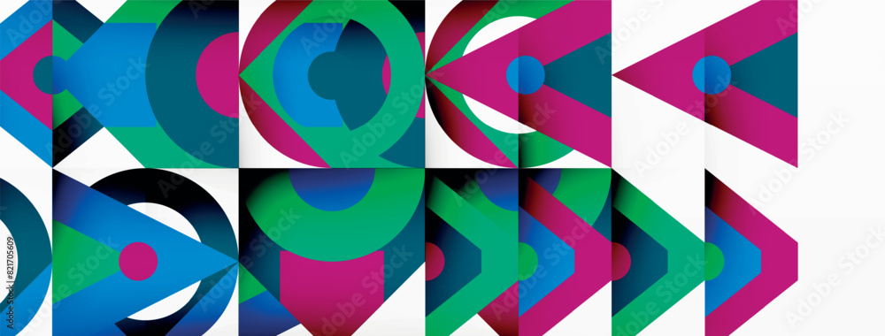 Aufkleber The white background features a vibrant geometric design with circles and arrows. The pattern includes vibrant colors like magenta and violet, showcasing symmetry and an artistic flair