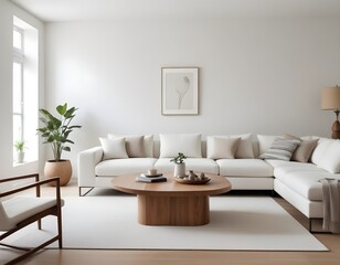 Fototapeta na wymiar A modern, minimalist living room with a large white sofa and a wooden, decorative coffee table. 3D Rendering
