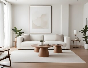 A modern, minimalist living room with a large white sofa and a wooden, decorative coffee table. 3D Rendering