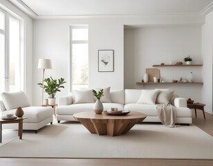 A modern, minimalist living room with a large white sofa and a wooden, decorative coffee table. 3D Rendering