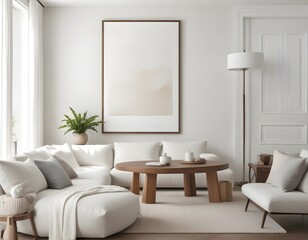 A modern, minimalist living room with a large white sofa and a wooden, decorative coffee table. 3D Rendering