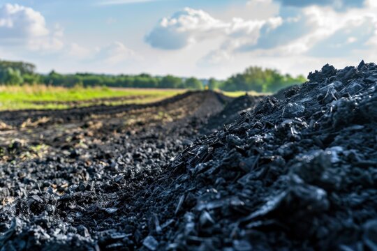 A biochar production area with piles of organic material in the foreground, and green fields and trees in the background under a blue sky.