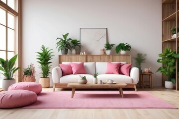 warm and cozy living room interior, Pure White sofa, wooden partition wall, Bubblegum Pink rug