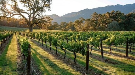 Obraz premium A vineyard surrounded by a field with a solitary tree in the foreground and majestic mountains in the backdrop