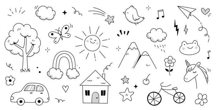 Kid cute doodle set. Cute sun, house, tree kid doodle sketch style vector. Hand drawn sun, car, rainbow elements. Funny children pen outline flower, bird, butterfly. Vector illustration.