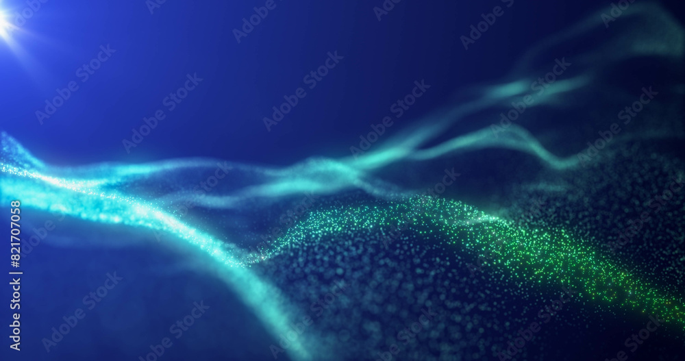 Poster green energy glowing magic waves from particles of lines with light rays. abstract background