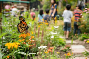 A monarch butterfly on a flower in a garden, with children observing in the background. a butterfly garden in an urban school yard, with children observing the wildlife