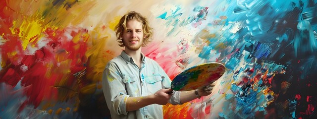 Fototapeta premium Vibrant Expression of a Passionate Young Painter Working on a Colorful Background