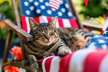 A tabby cat sleeping on a deck chair with an American flag pattern, outdoor setting. 4th of July, american independence day, memorial day concept