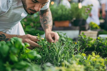 A male chef with tattoos picking fresh herbs from a restaurant garden.