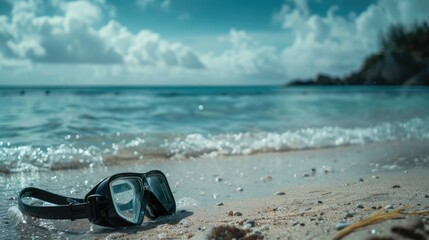 A pair of scuba diving goggles lay on the sandy beach, with azure waters and blue skies creating a picturesque natural landscape. Vision care eyewear for underwater adventures AIG50