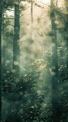 Softly blurred forest with sunlit trees