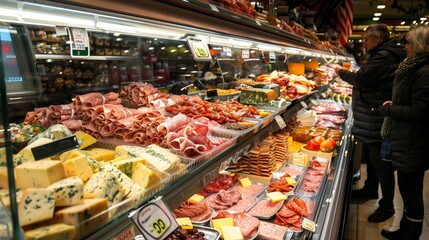 In the deli section, arranged meats and cheeses attract shoppers eager to sample the offerings.